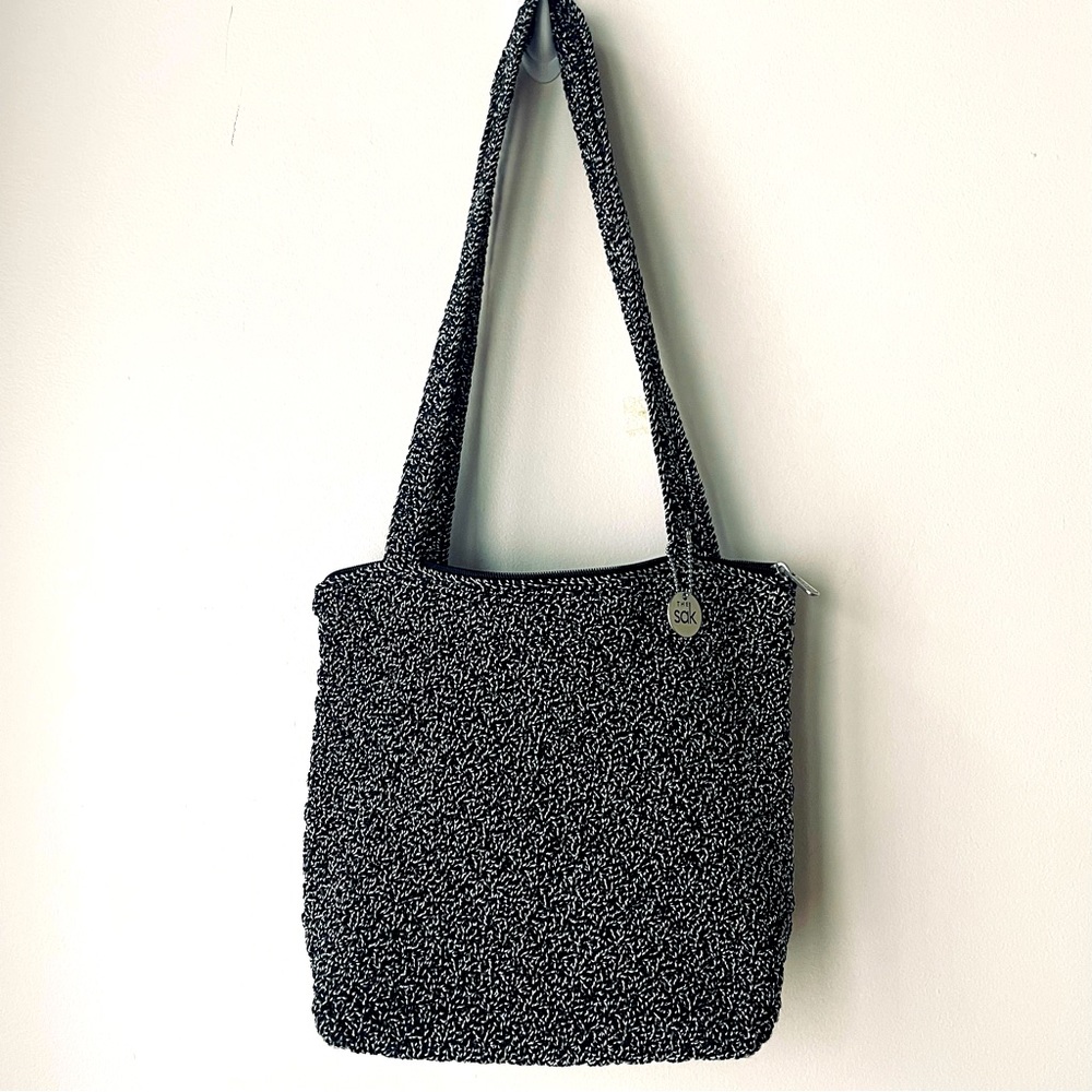The Sak Crochet Zipper Shoulder Bag Purse 12x10x4 Black gray